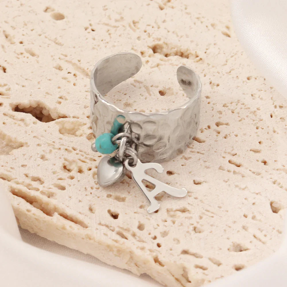 Maliben | Dainty Adjustable Letter Initial & Heart Pendant Ring