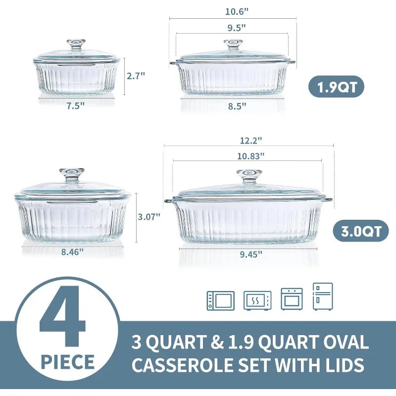 Maliben | 4-piece Glass Bakeware Set with 2 Bakeware Dishes with Glass Lids, 1.9 Qt and 3 Qt