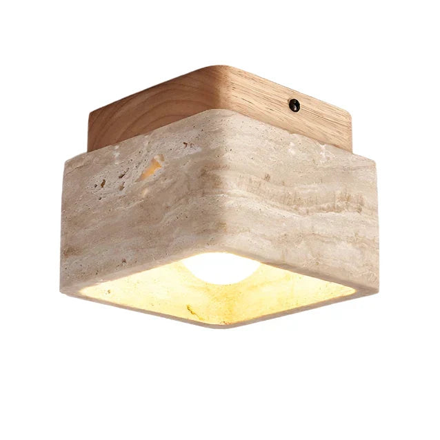Maliben | Square Travertine & Wood Led Ceiling Lamp