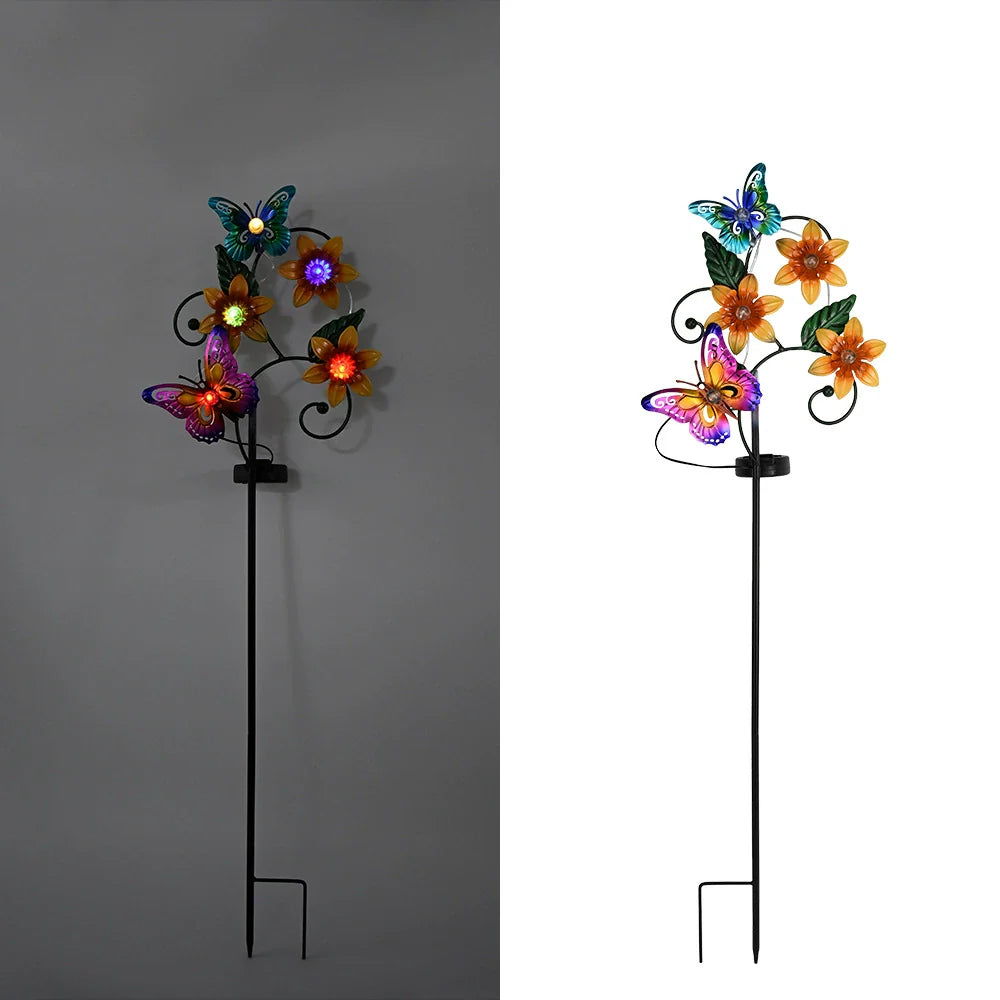 New Solar Iron Flower Butterfly Fire Lawn Light, Outdoor Garden Led Deco