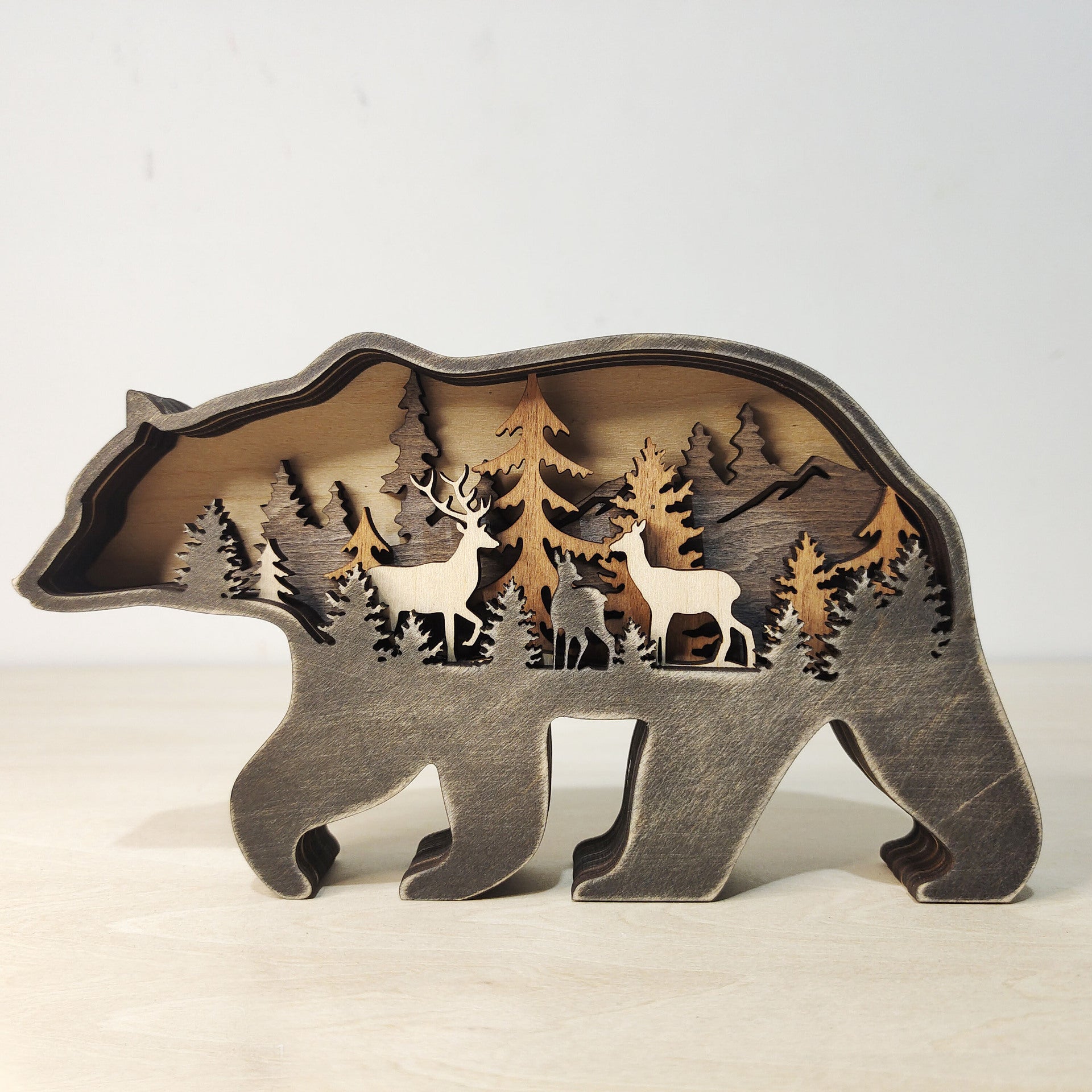 Wooden Woodland Elk Bear Christmas Ornament