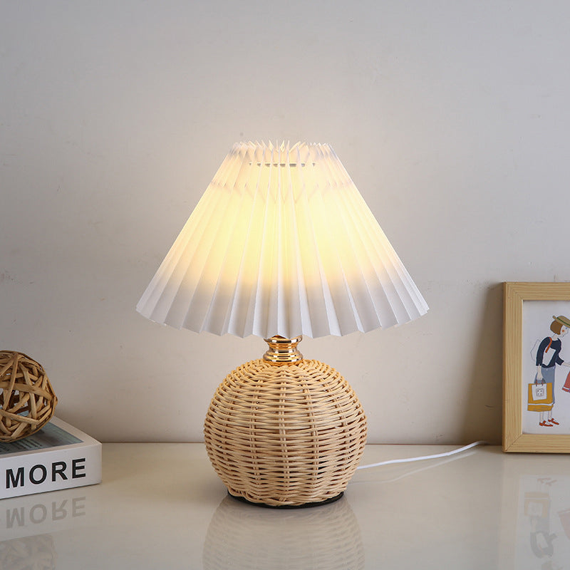 Maliben | Rattalume Nordic Led Table Lamp | Woven Rattan & Foldable Fabric Shade | Mood Light | Decor For The Bedroom