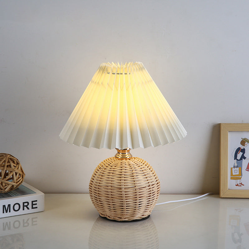 Maliben | Rattalume Nordic Led Table Lamp | Woven Rattan & Foldable Fabric Shade | Mood Light | Decor For The Bedroom