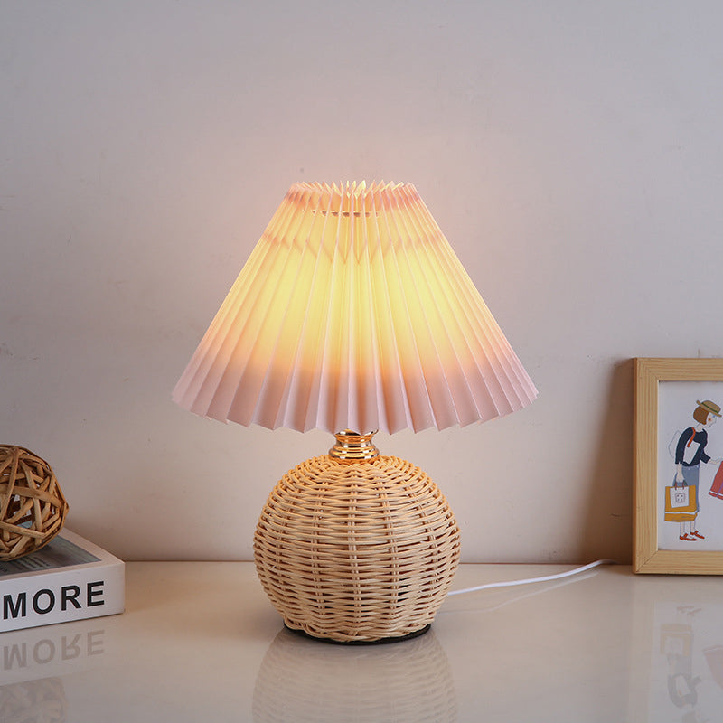 Maliben | Rattalume Nordic Led Table Lamp | Woven Rattan & Foldable Fabric Shade | Mood Light | Decor For The Bedroom