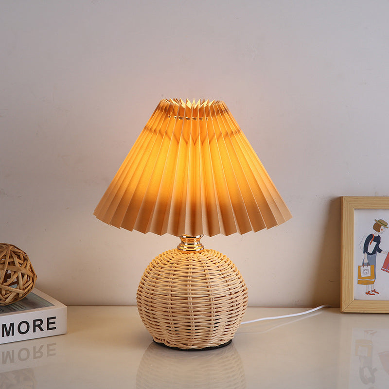 Maliben | Rattalume Nordic Led Table Lamp | Woven Rattan & Foldable Fabric Shade | Mood Light | Decor For The Bedroom