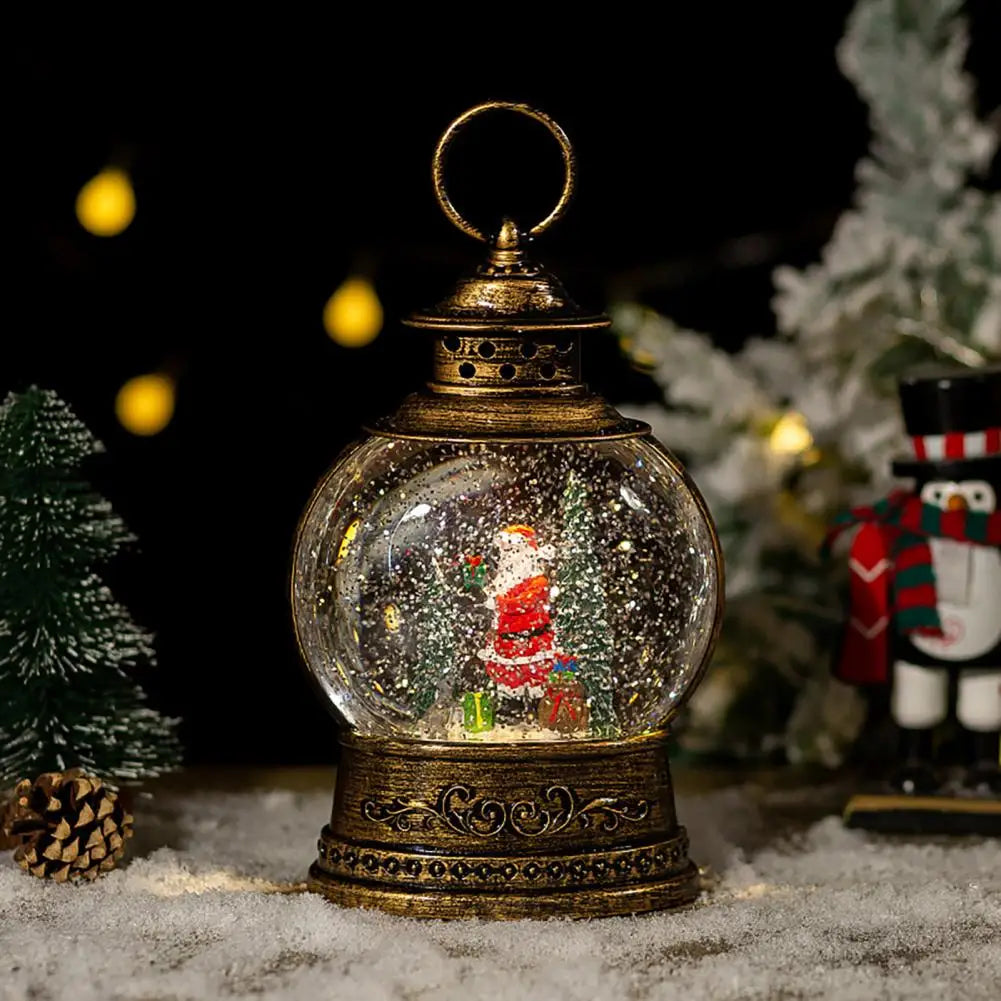 Maliben | Lunavera Christmas Snow Globe Lantern | Music Box With Led Light & Glitter | Vintage Gold Design | Usb & Battery Operated | 21–26 Cm