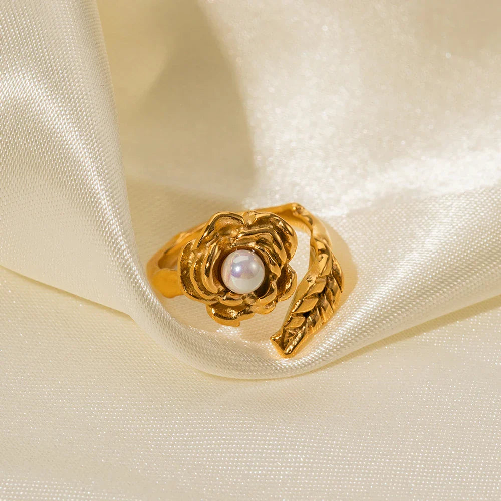 Maliben | Adjustable Pearl Camellia Flower Ring