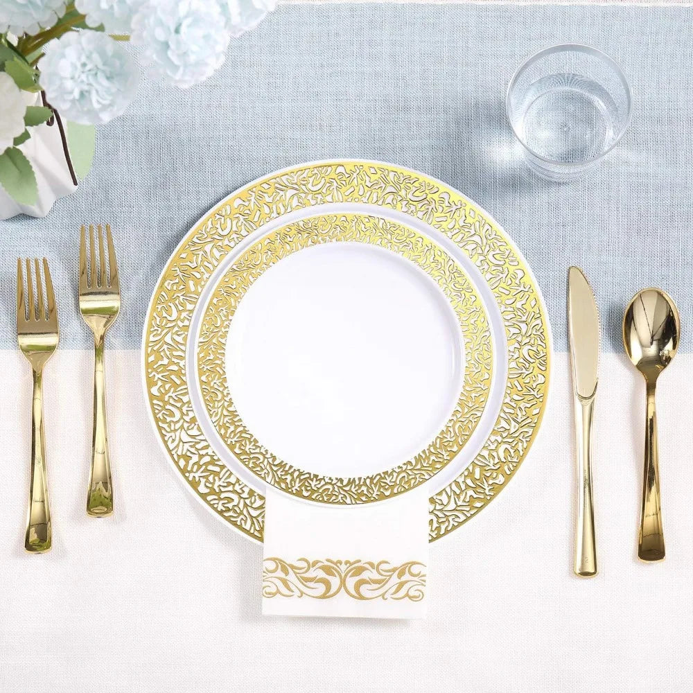 Maliben | 350pcs Disposable Gold Lace Dinnerware Set for 50 Guests