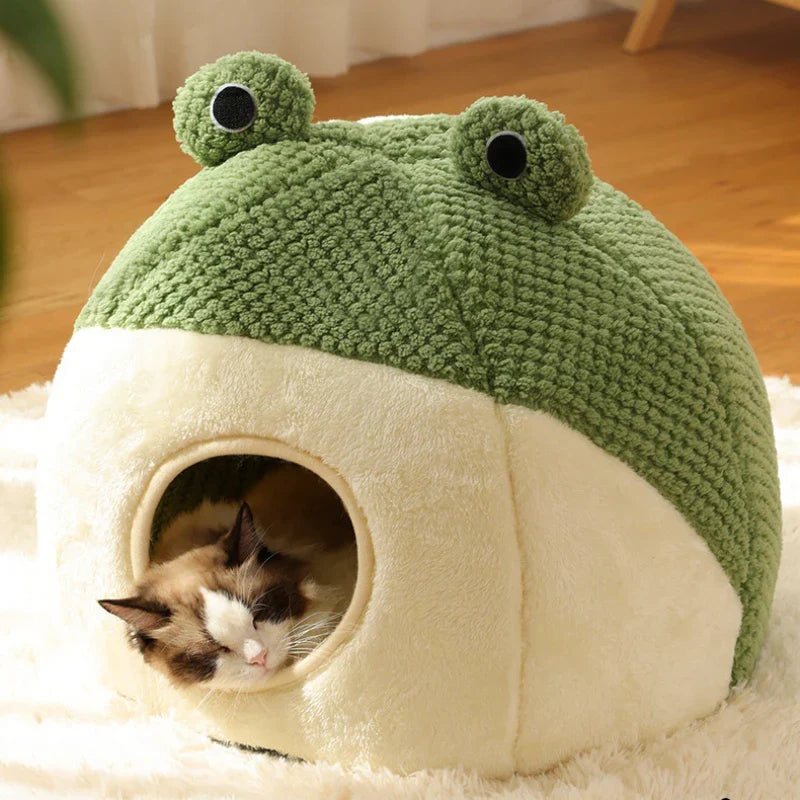 Maliben | Pet Cave Froggihome | Plush Frog Design | Semi-Closed & Round | 40–50 Cm | For Cats & Small Dogs