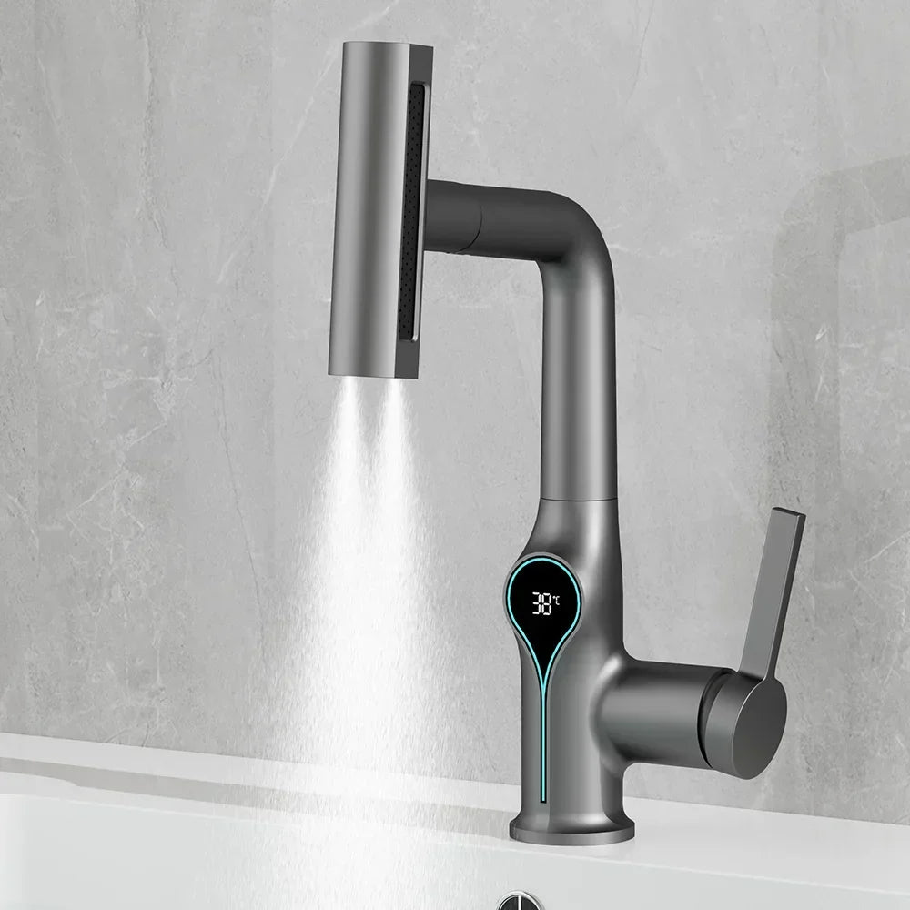 Maliben | Washbasin Faucet With Waterfall Jet Digital Temperature Display And Adjustable Spray Head