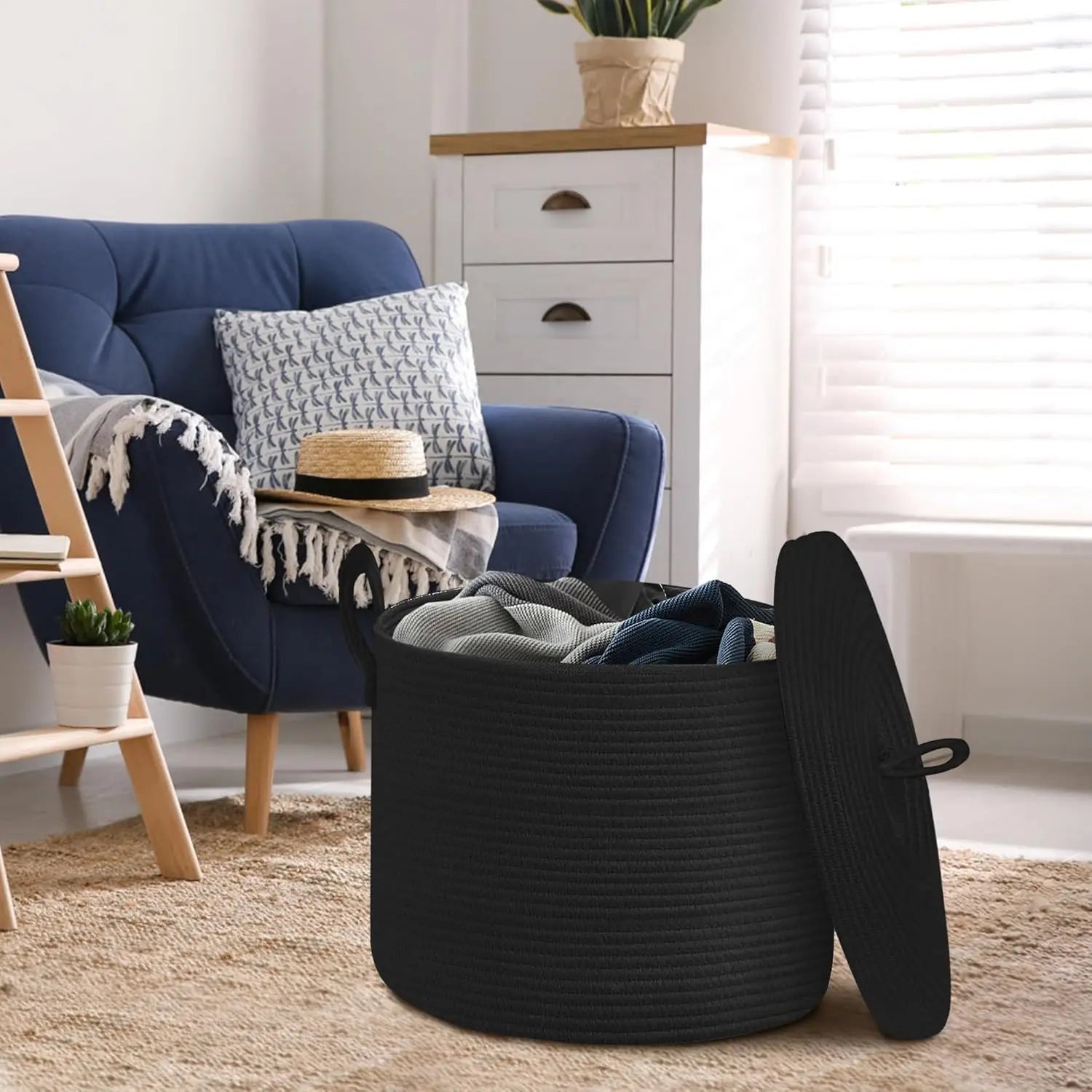 Maliben | Large Black Cotton Rope Storage Basket With Lid – Selwyn