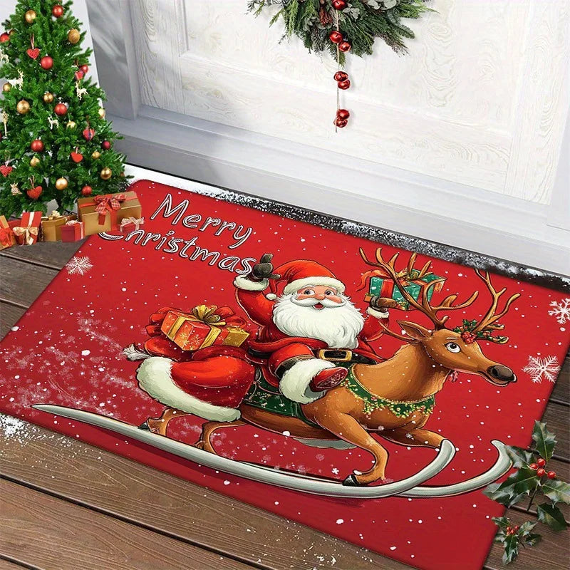 Maliben | Winter Love | Christmas Doormat | Santa & Gingerbread Man | Red | For Indoor & Outdoor | Non-Slip & Washable