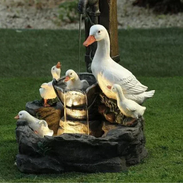 Maliben | Lunaverde Solar Deco Fountain Duck & Squirrel | Garden Figure With Led Light | Weatherproof Resin | For Terrace & Balcony