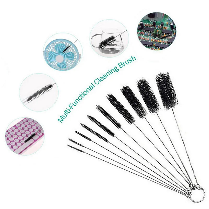 Maliben | Brushilo Cleaning Brush Set 10-Piece | Stainless Steel With Nylon Bristles | For Straws, Bottles, Tubes & Laboratory Accessories