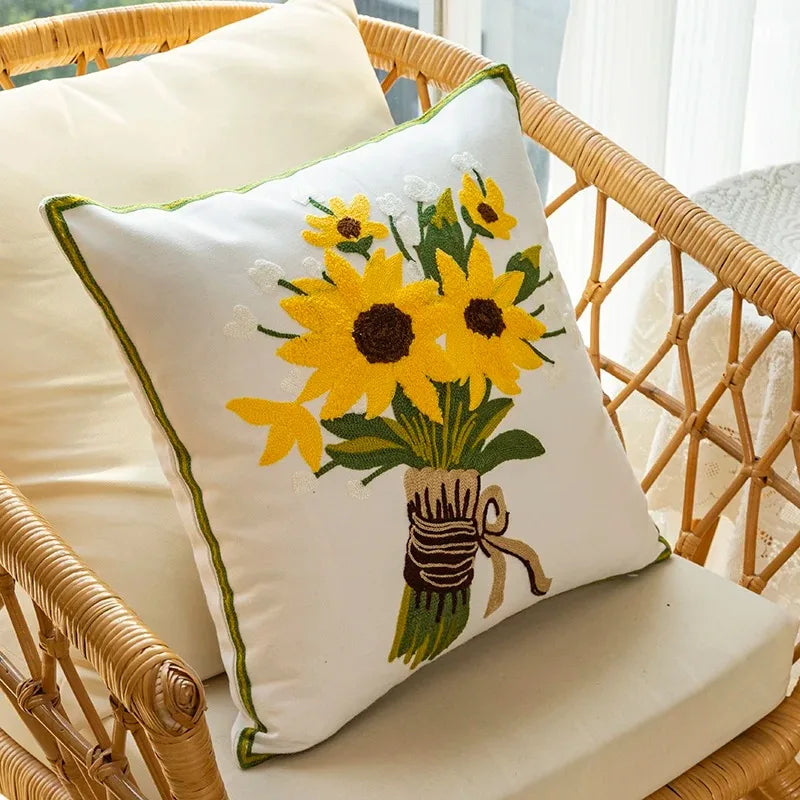 Maliben | Cotton Embroidered Decorative Pillow 45x45 Cm With Sunflower Pattern