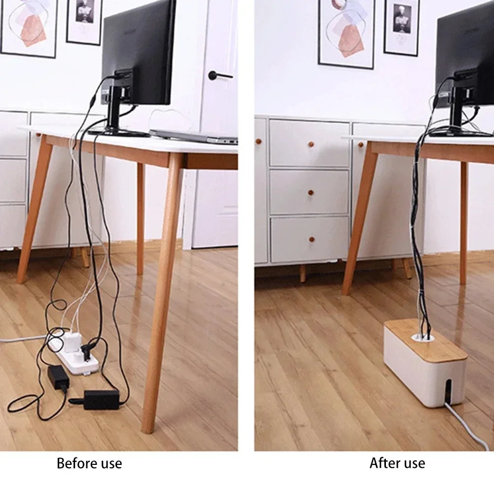 Maliben | Cable Box Orgawood | Desk Organizer Made Of Wood & Plastic | For Chargers, Cables & Accessories | 29.5×11.4×11 Cm