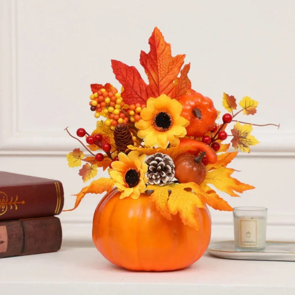 Maliben | Autumn Magic | Decorative Pumpkin With Artificial Flowers | 25–30 Cm | Autumn & Halloween Decor