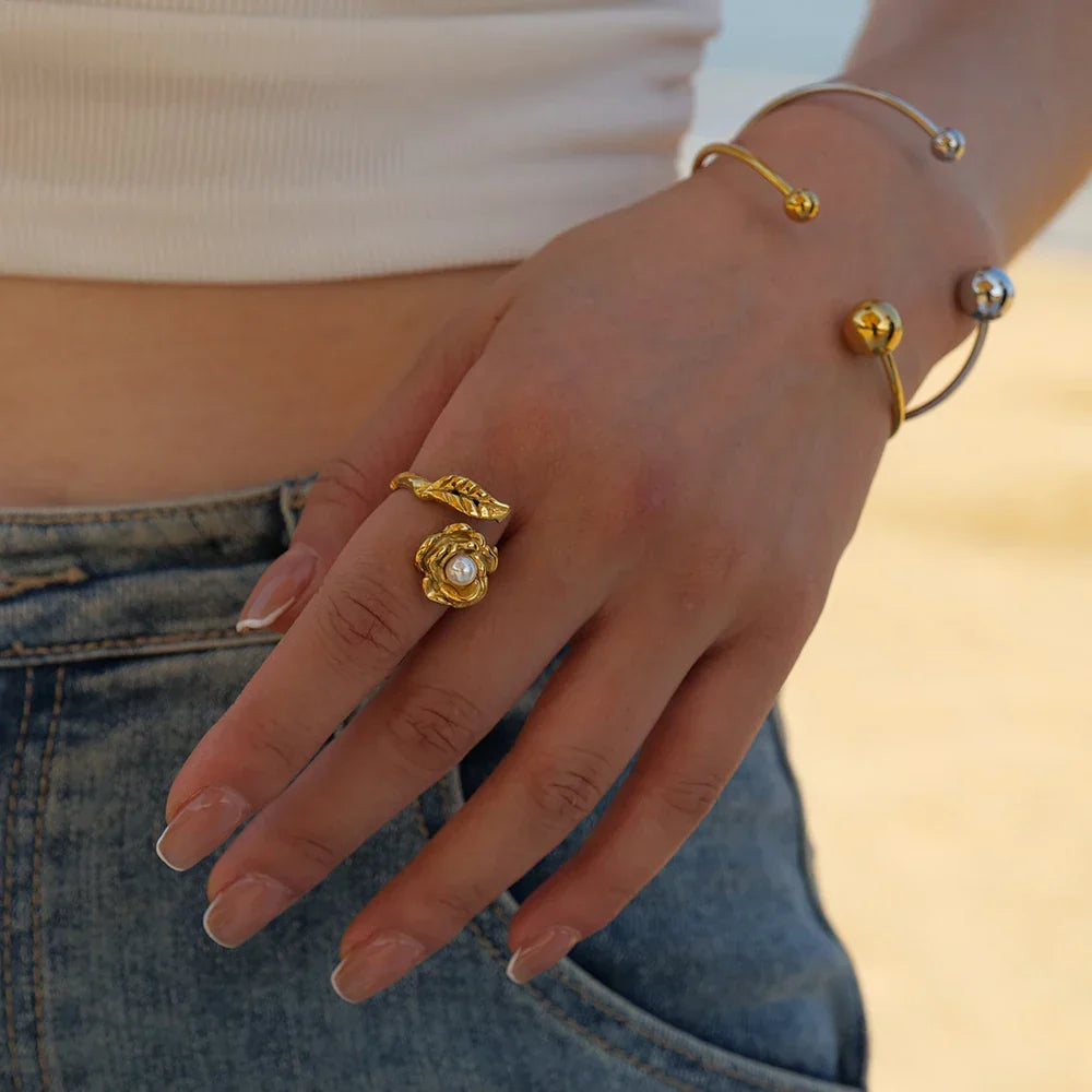 Maliben | Adjustable Pearl Camellia Flower Ring