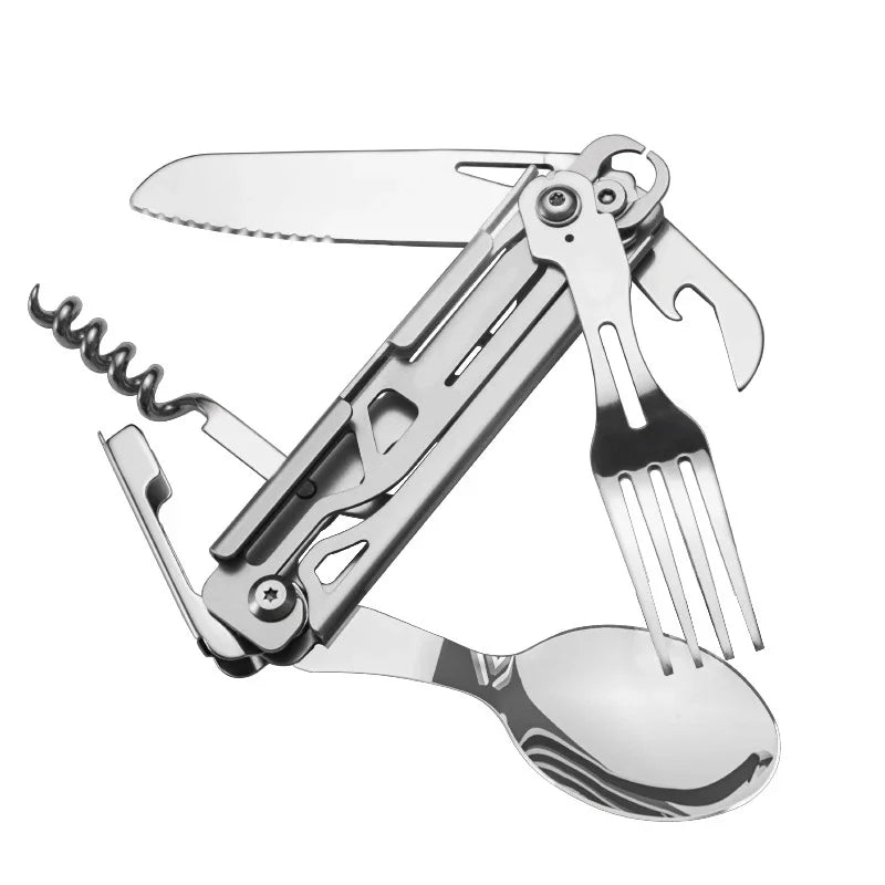Maliben | Gearspork Outdoor Cutlery 6-In-1 | Foldable Multifunctional Cutlery Made Of Stainless Steel | Knife, Fork, Spoon, Can Opener & Bottle Opener | For Camping & Trekking