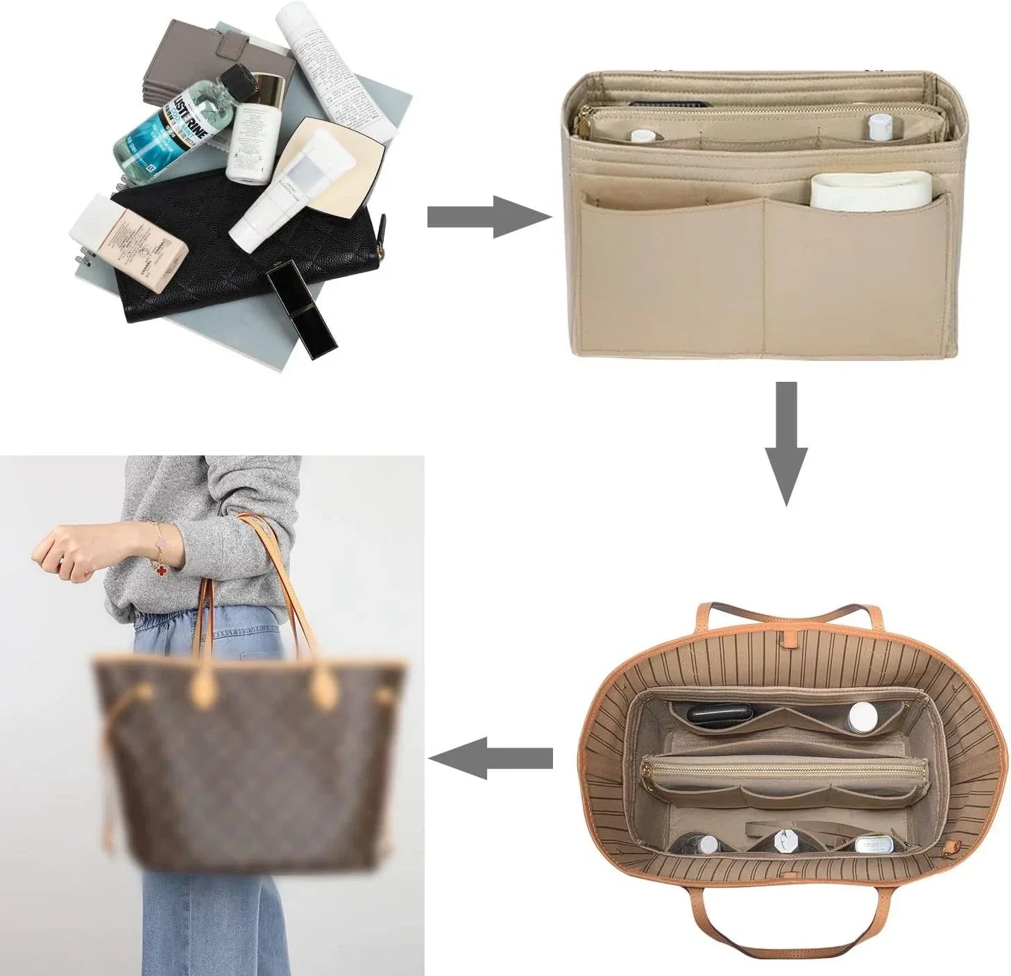 Maliben | Taschenluxe Organizer Inlay | Felt Insert With Zipper | 15 Compartments & Key Strap | For Handbags & Shoppers