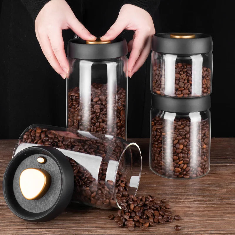 Maliben | GIANXI Vacuum Sealed Jug, Coffee Beans, Glass, Airtight Canister, Food, Grains, Sweets, Fresh Keeping Container, Kitchen Accessories