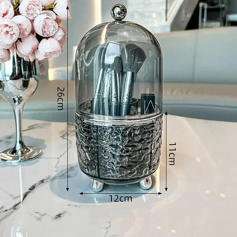 Maliben | Lumora Make-Up Brush Organizer With Lid | Dustproof & Rotatable | For Brushes, Lipsticks & Perfume | 360° Rotating | Silver/Gray