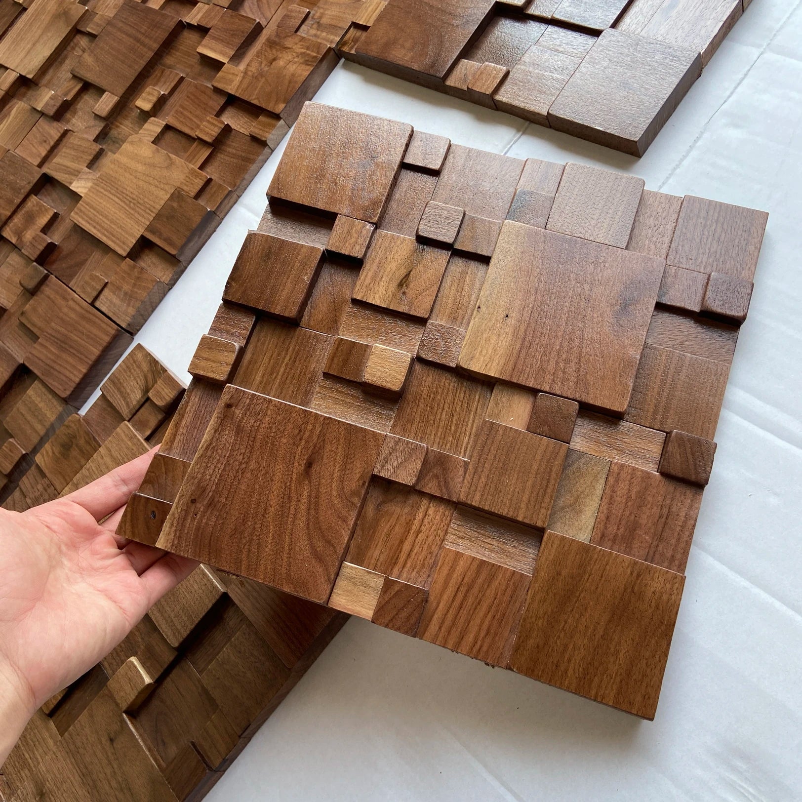 Maliben Mosaic Acoustic Wall Panels — Solid Beech & Walnut