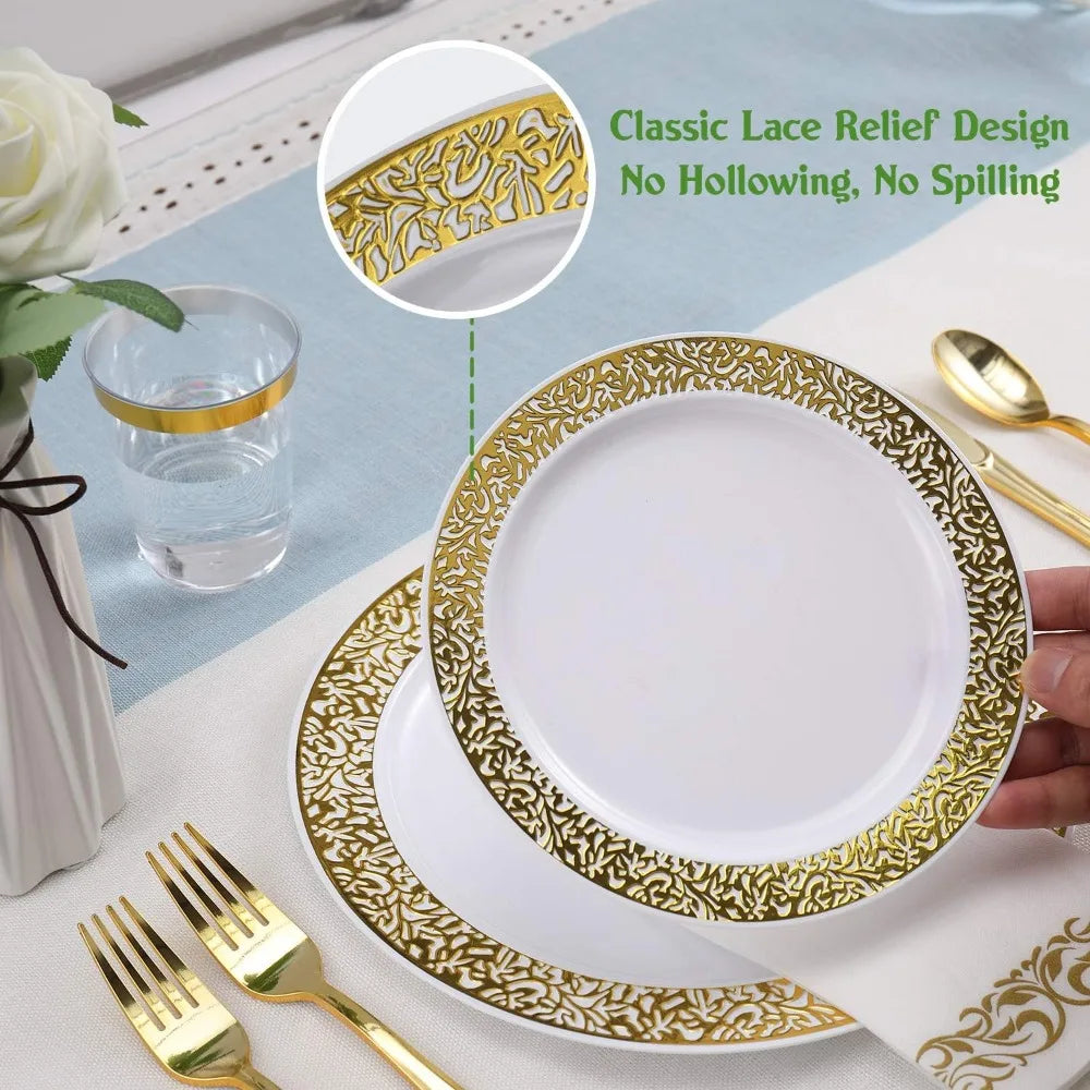 Maliben | 350pcs Disposable Gold Lace Dinnerware Set for 50 Guests