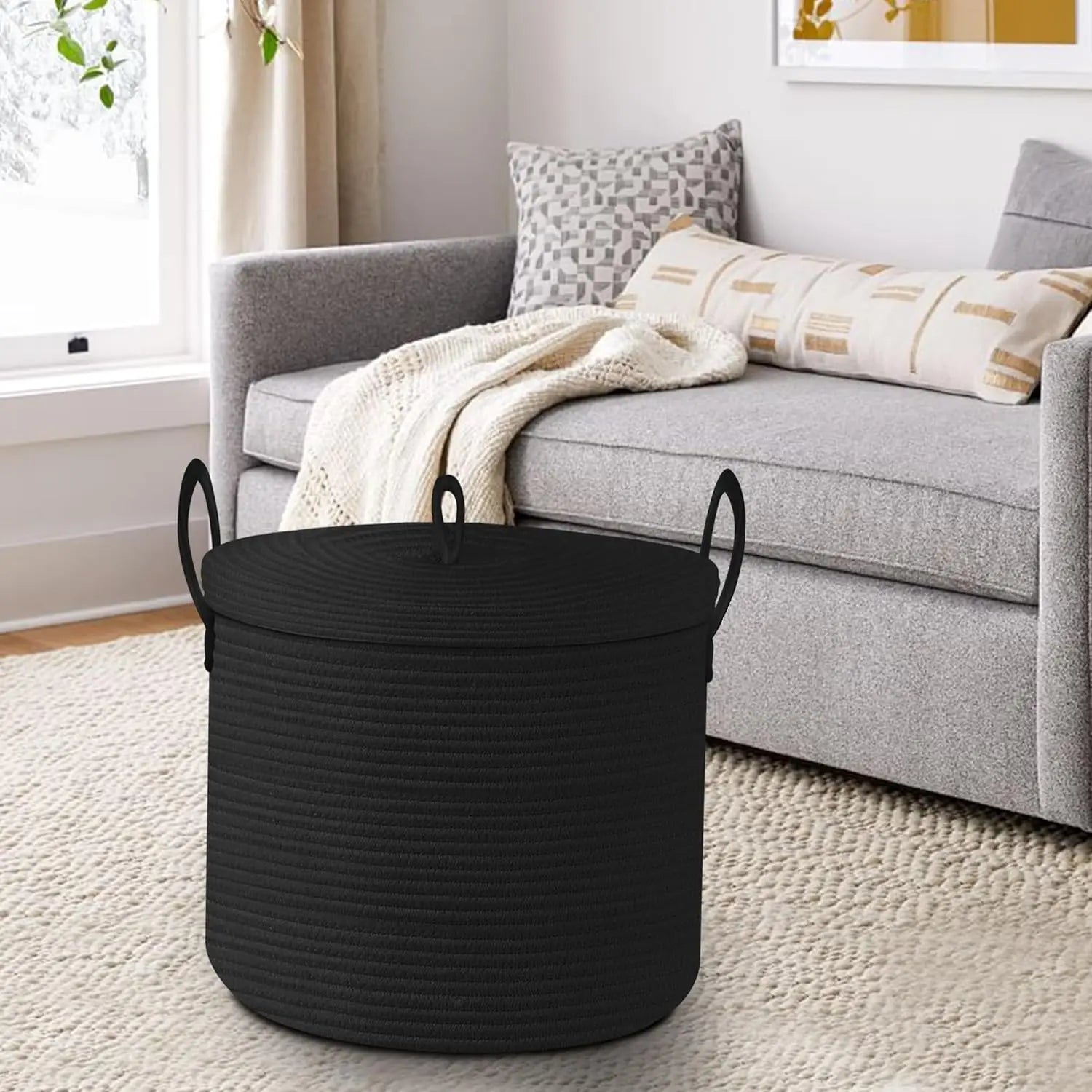 Maliben | Large Black Cotton Rope Storage Basket With Lid – Selwyn