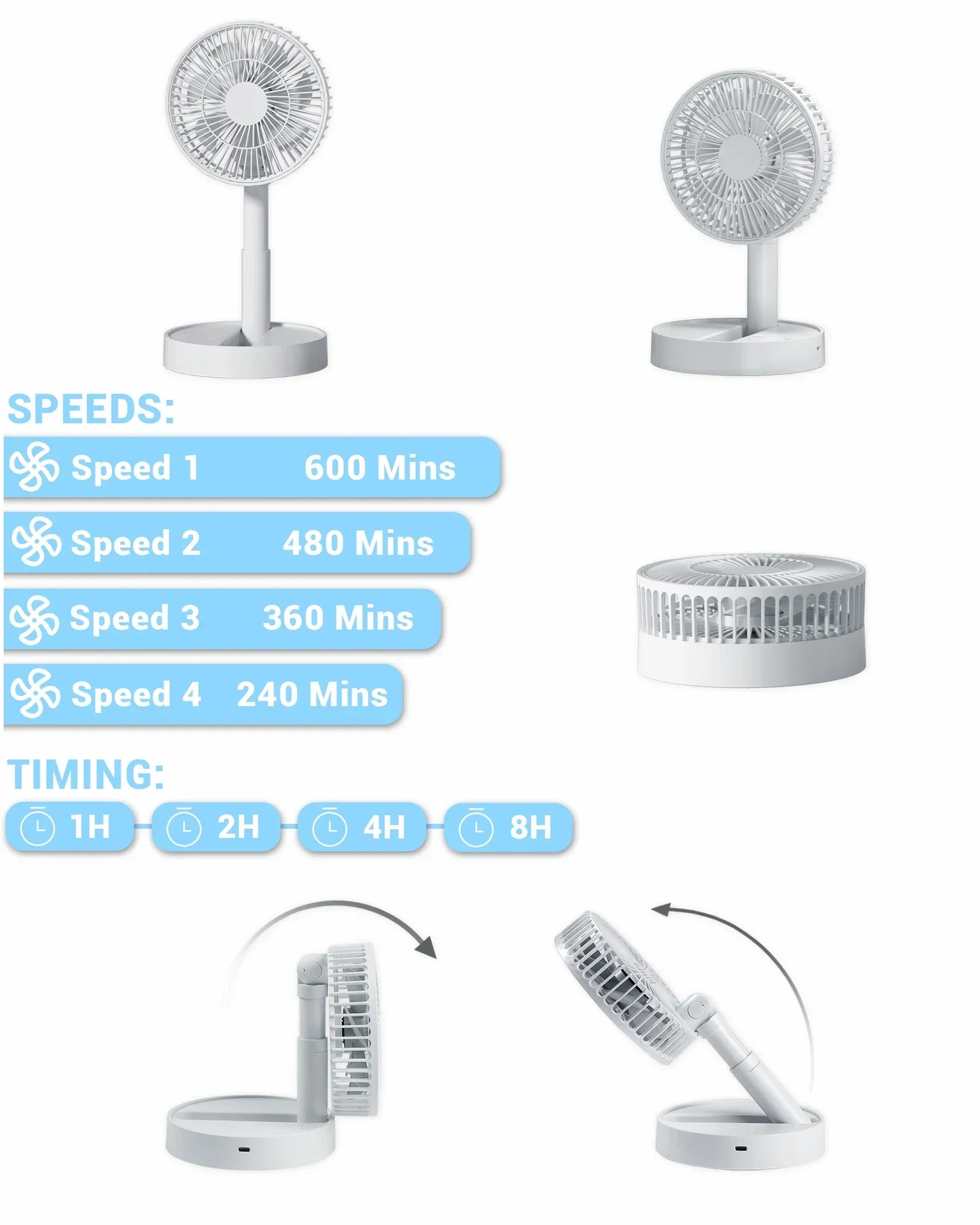 Maliben | Usb Table Fan Breezio | Foldable & Portable | 4 Speeds & Timer | Battery Powered For Indoor & Outdoor