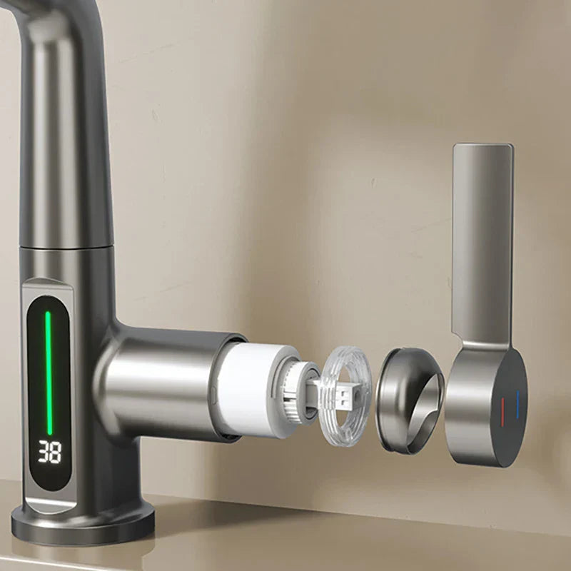 Maliben | Retractable Waterfall Faucet With Temperature Display In Stainless Steel