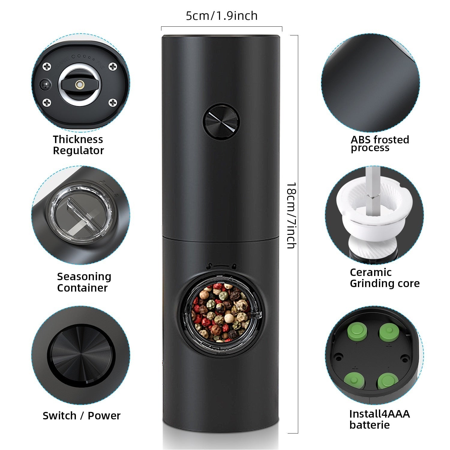 Maliben | Electric automatic pepper and salt mill with LED light and adjustable grind - Perfect for the kitchen or the restaurant