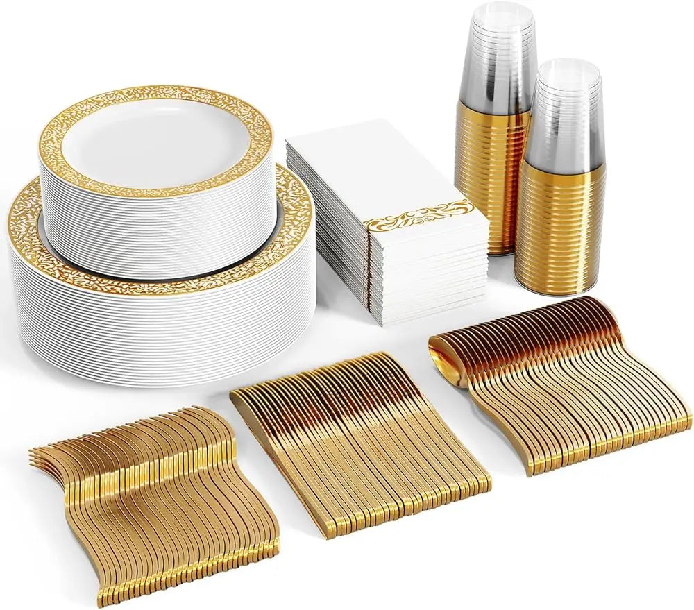 Maliben | 350pcs Disposable Gold Lace Dinnerware Set for 50 Guests