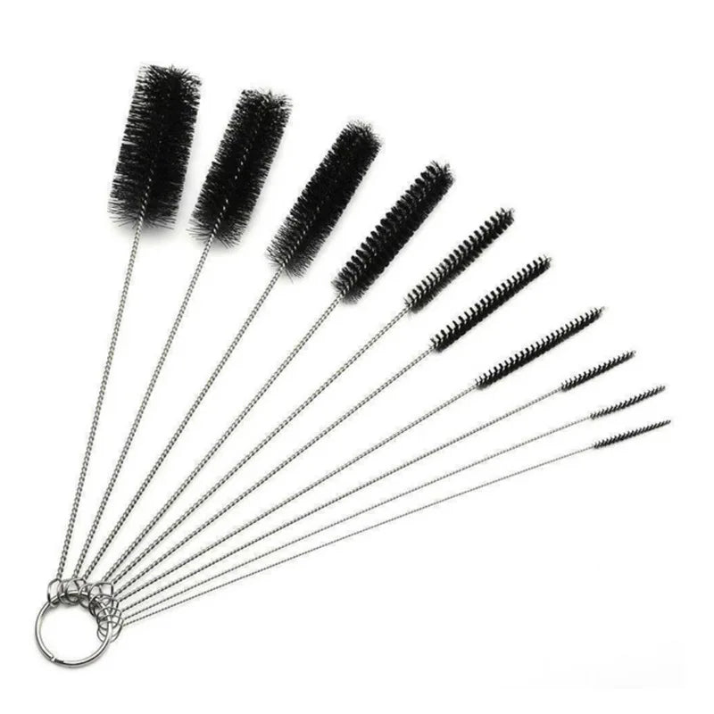 Maliben | Brushilo Cleaning Brush Set 10-Piece | Stainless Steel With Nylon Bristles | For Straws, Bottles, Tubes & Laboratory Accessories