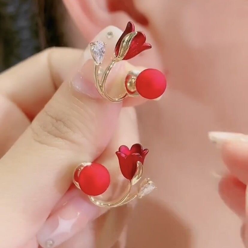 Maliben | Artistic Red Flower Korean Style Zircon Earrings