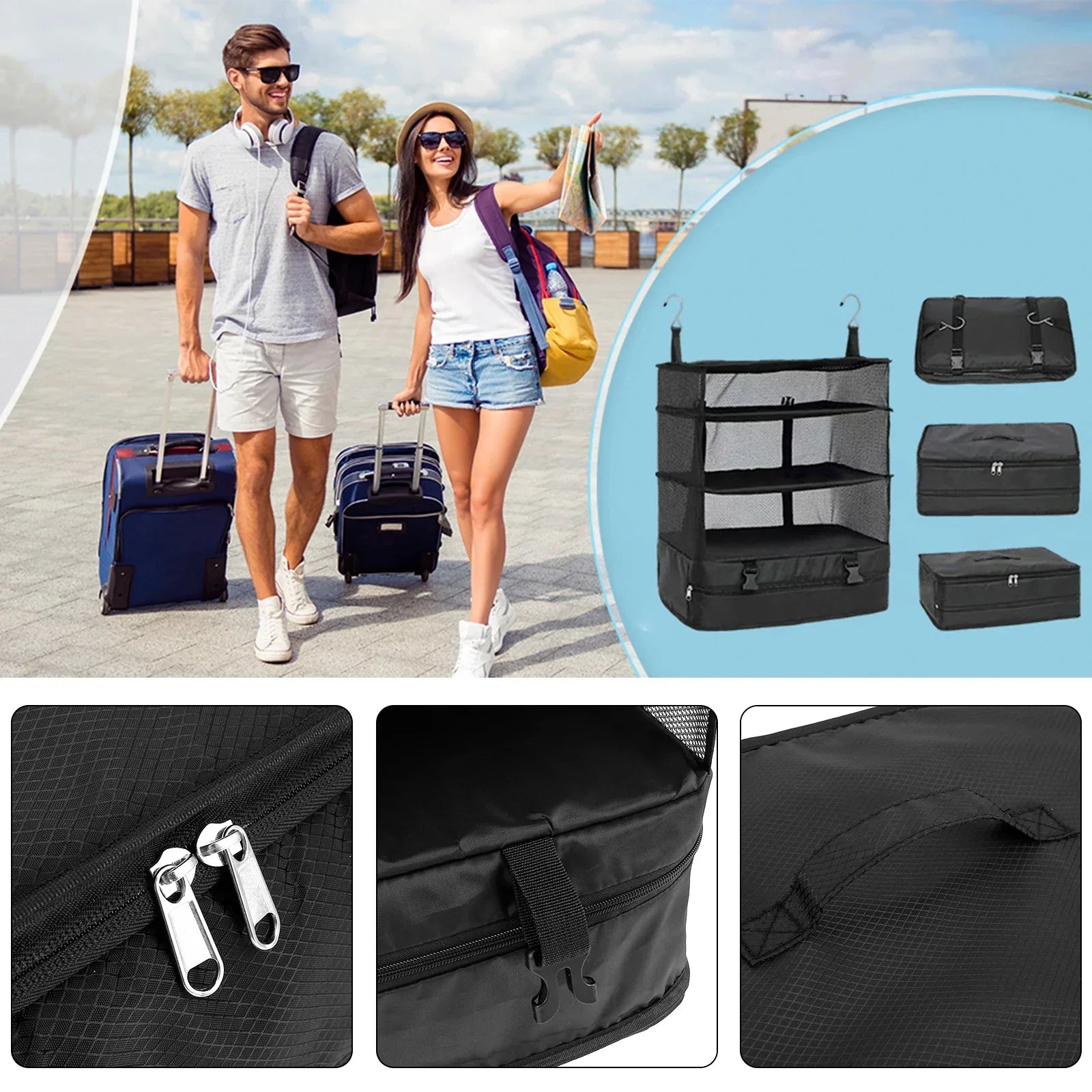 Maliben | Packelier Suitcase Organizer | Hanging Shelf For Travel | 3 Compartments | Foldable & Water-Resistant | Black