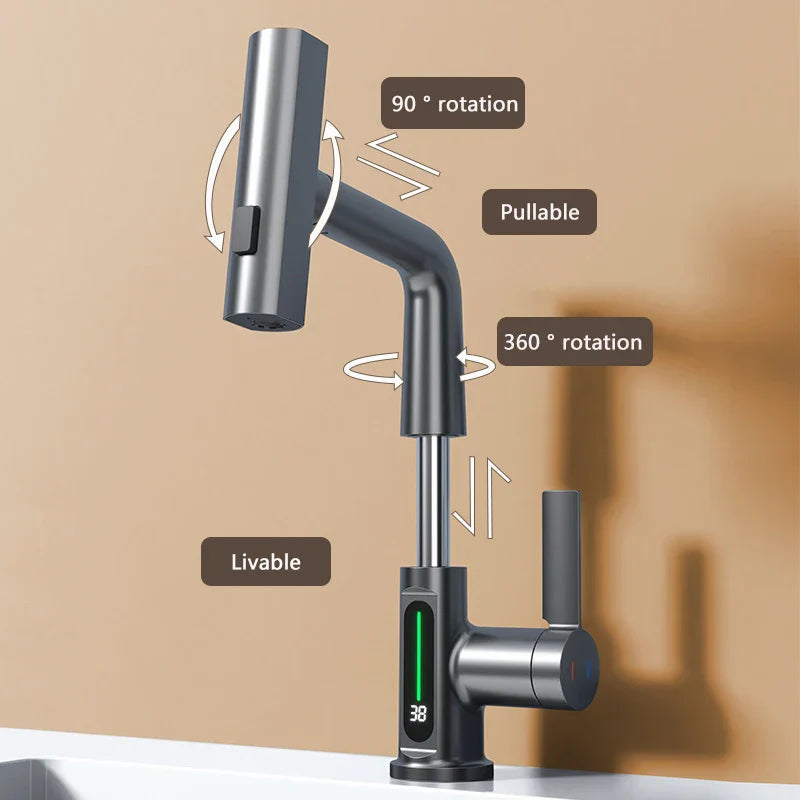 Maliben | Retractable Waterfall Faucet With Temperature Display In Stainless Steel