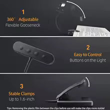 Maliben | Reading Lamp Flexiread | Usb Rechargeable | 3 Light Colors & Dimmable | Clip & Flexible Arm