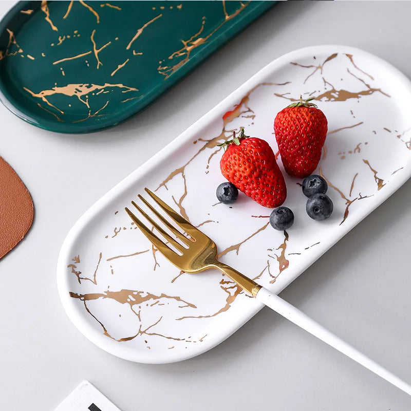 Maliben | Nordic Ins Ceramic Marble Oval Tray Jewelry Storage Tray Accessories Soap Holder Golden Wave Bathroom Cup Bath Decoration