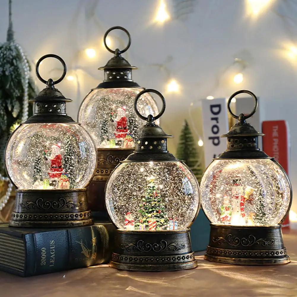 Maliben | Lunavera Christmas Snow Globe Lantern | Music Box With Led Light & Glitter | Vintage Gold Design | Usb & Battery Operated | 21–26 Cm