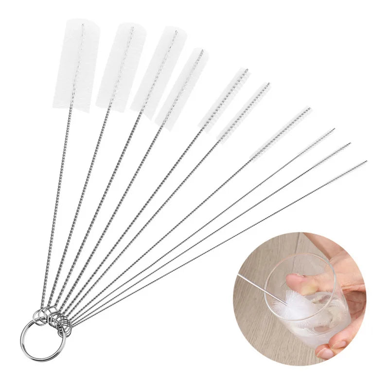 Maliben | Brushilo Cleaning Brush Set 10-Piece | Stainless Steel With Nylon Bristles | For Straws, Bottles, Tubes & Laboratory Accessories