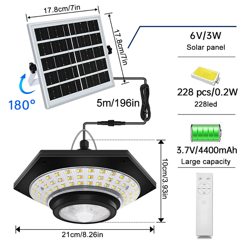 Maliben | Solarhalo | 228 Led Solar Ceiling Lamp | 360° Light Angle | With Remote Control & Motion Sensor | 4400mah Battery