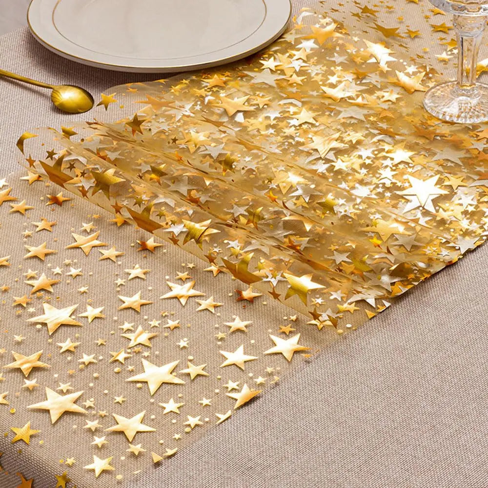 Maliben | Sparkling Table Runner "Stellaluxe" | Gold, Rose Gold Or Silver | Metallic Shimmering Mesh Runner With Star Pattern | For Parties & Dinner Decoration