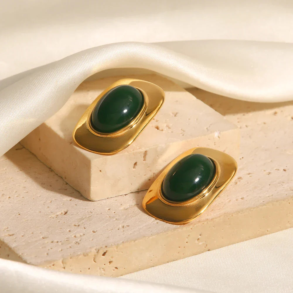 Maliben | 18k Green Oval Opal Rectangle Earrings
