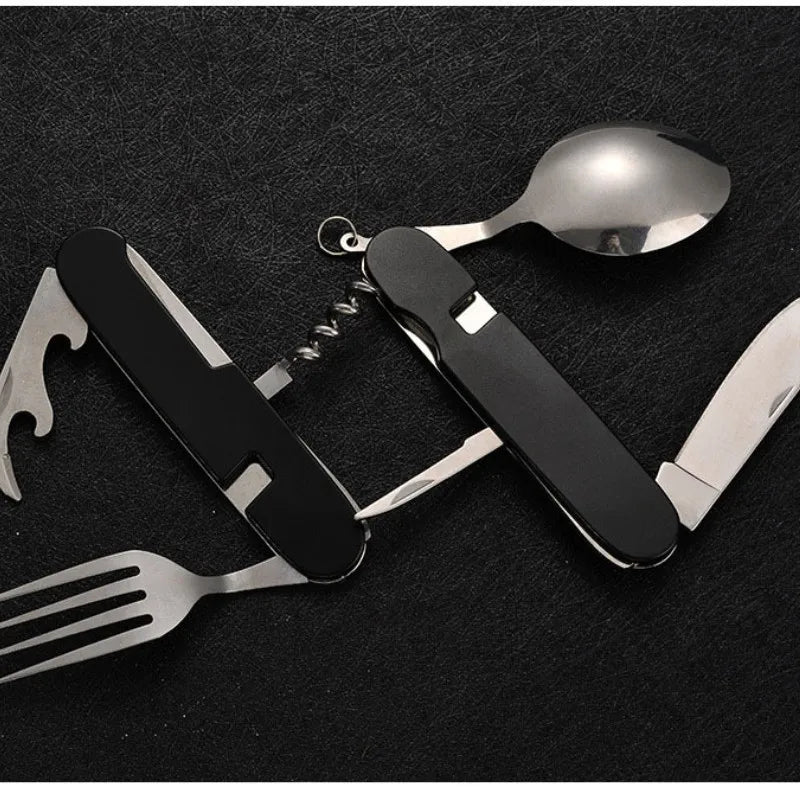 Maliben | 4-In-1 Outdoor Cutlery Set Camplico | Foldable Spoon, Fork, Knife & Bottle Opener | Stainless Steel & Compact | For Camping & Travel