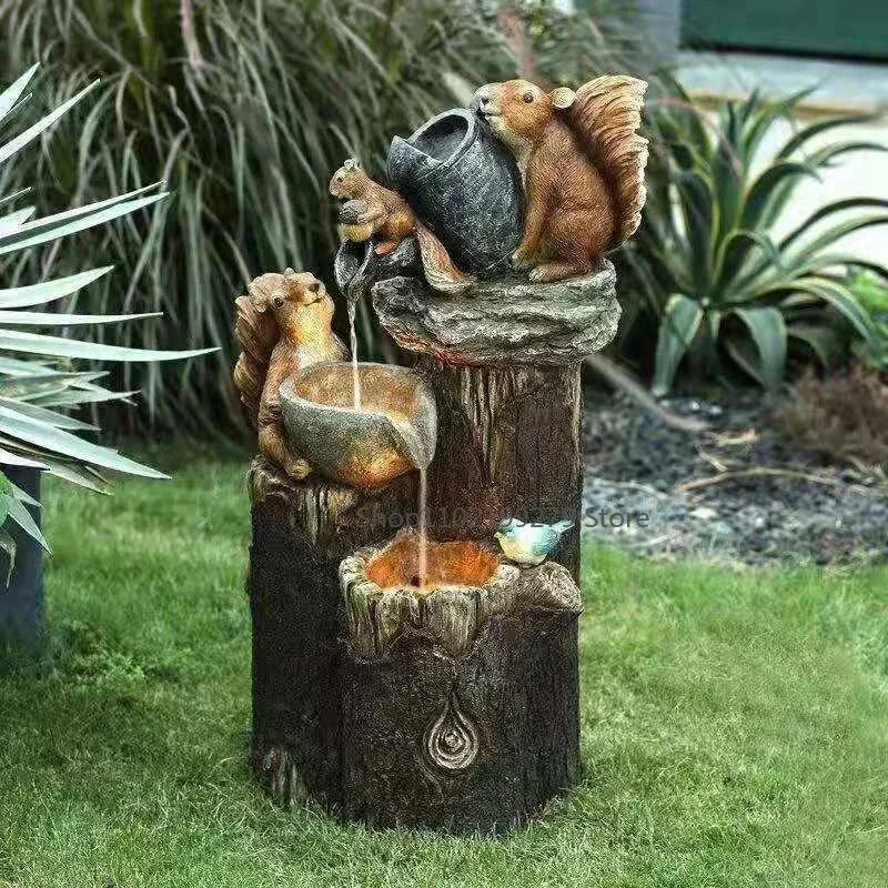 Maliben | Lunaverde Solar Deco Fountain Duck & Squirrel | Garden Figure With Led Light | Weatherproof Resin | For Terrace & Balcony