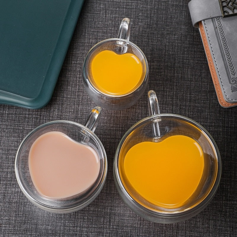 Maliben | Heart Love Shape Glass Mug Double-Walled Coffee Cups Insulated Tea Milk Lemon Juice Water Cup Heat-Resistant Drinkware Lover Gift