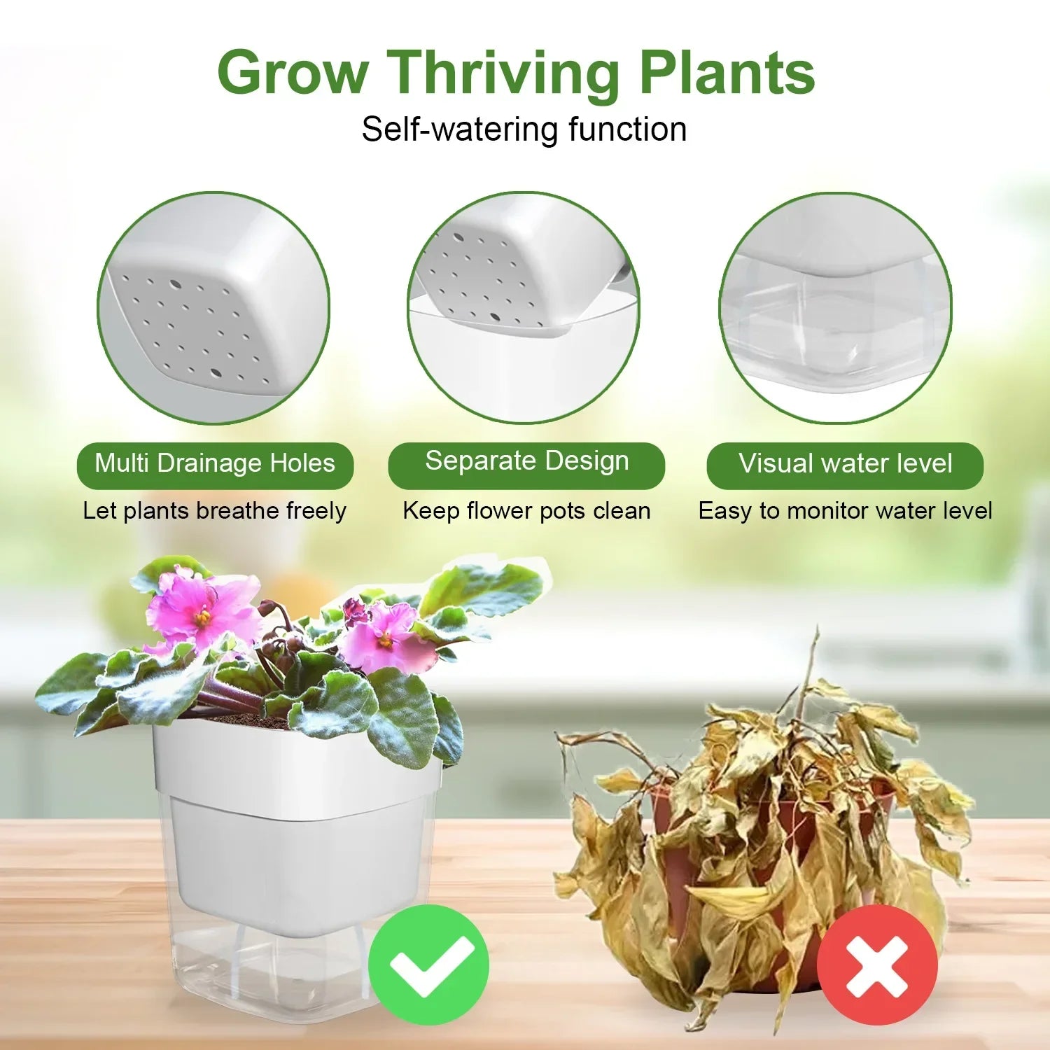 Maliben | Plant Pot Bloomease | Self-Watering & Space-Saving | With Water Level Indicator | For Indoor Plants & Herbs