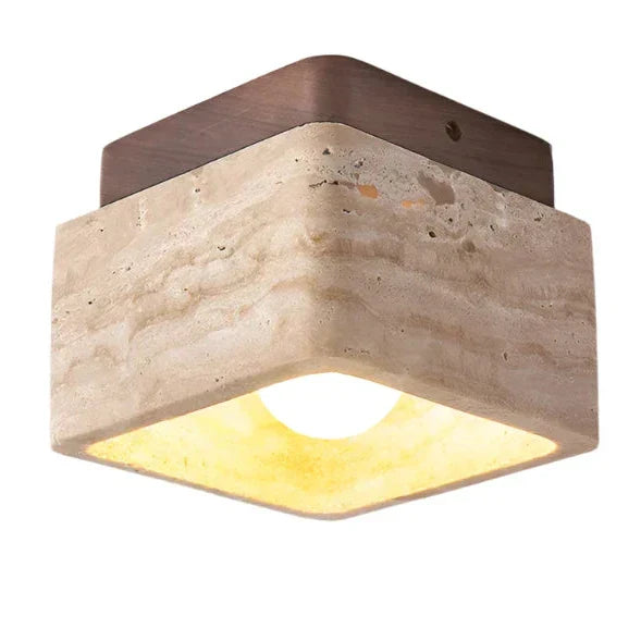 Maliben | Square Travertine & Wood Led Ceiling Lamp