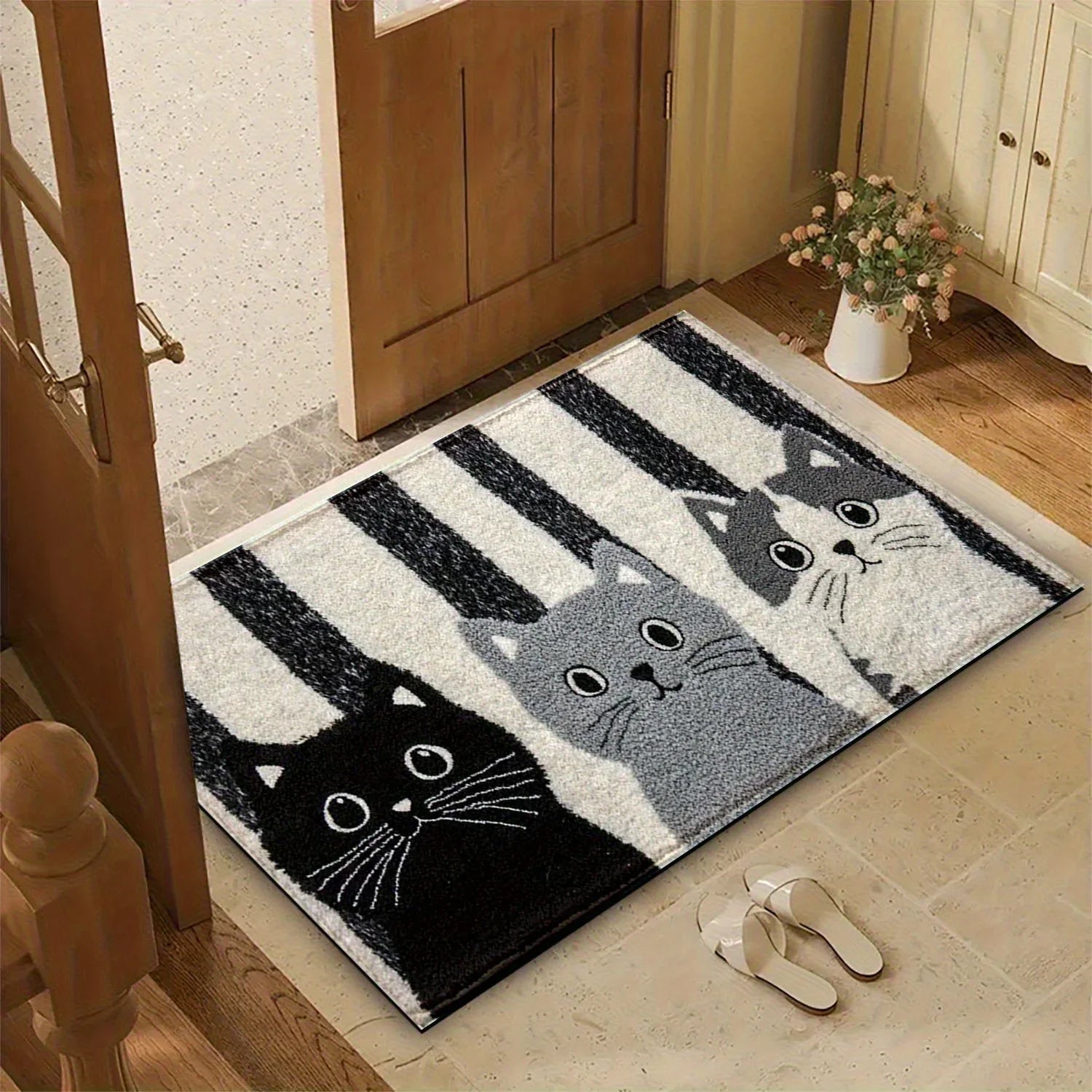 Maliben | Cat Rug Miyono | Soft & Waterproof | Non-Slip Mat With Stripes & Cartoon Cat Design | For Bedroom, Hallway & Living Room